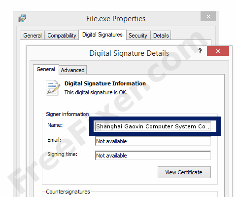 Screenshot of the Shanghai Gaoxin Computer System Co.,ltd certificate